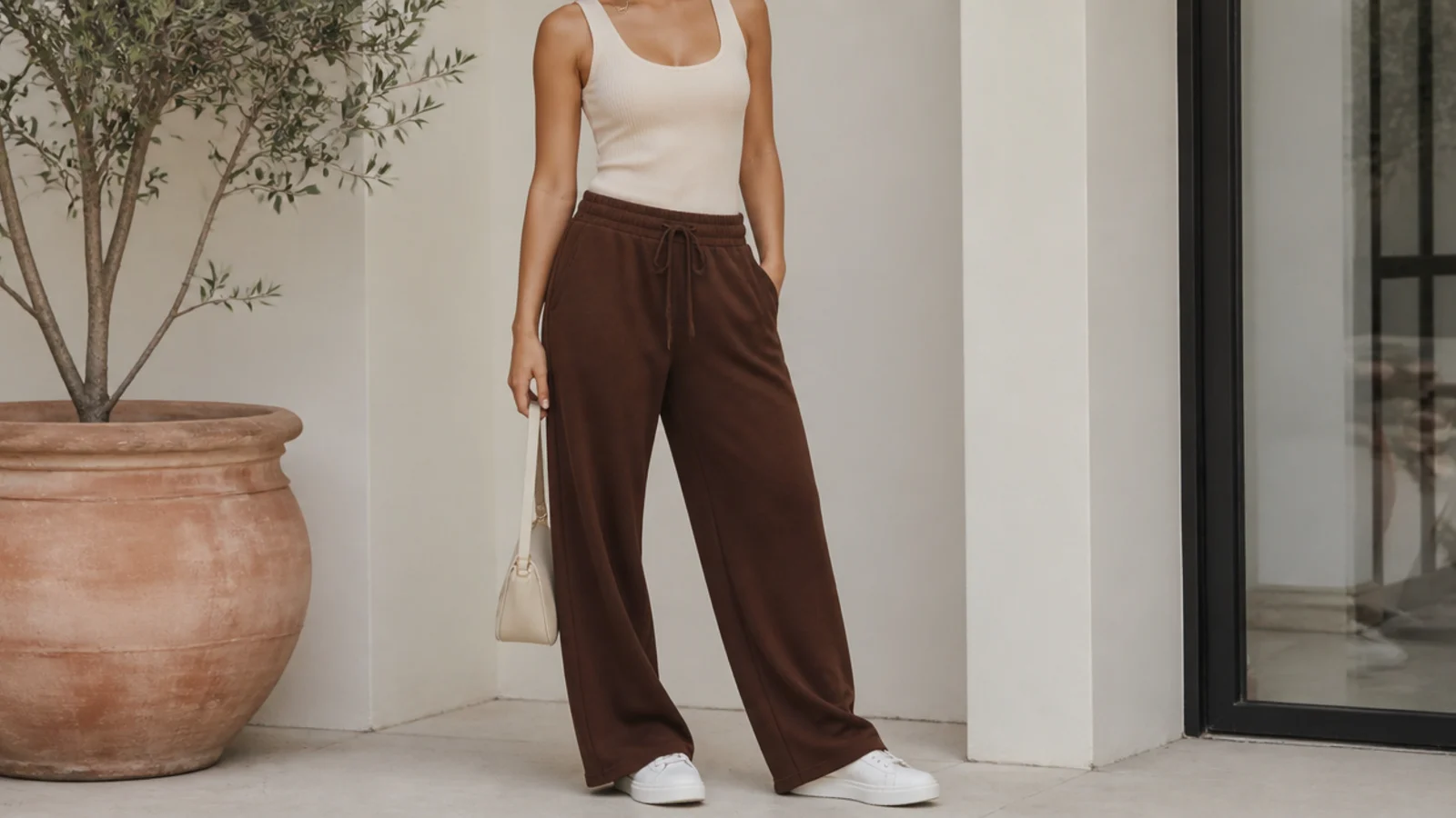 Faceless minimalist outfit with chocolate brown sweatpants, a fitted cream tank, clean white leather sneakers and gold hoop earrings