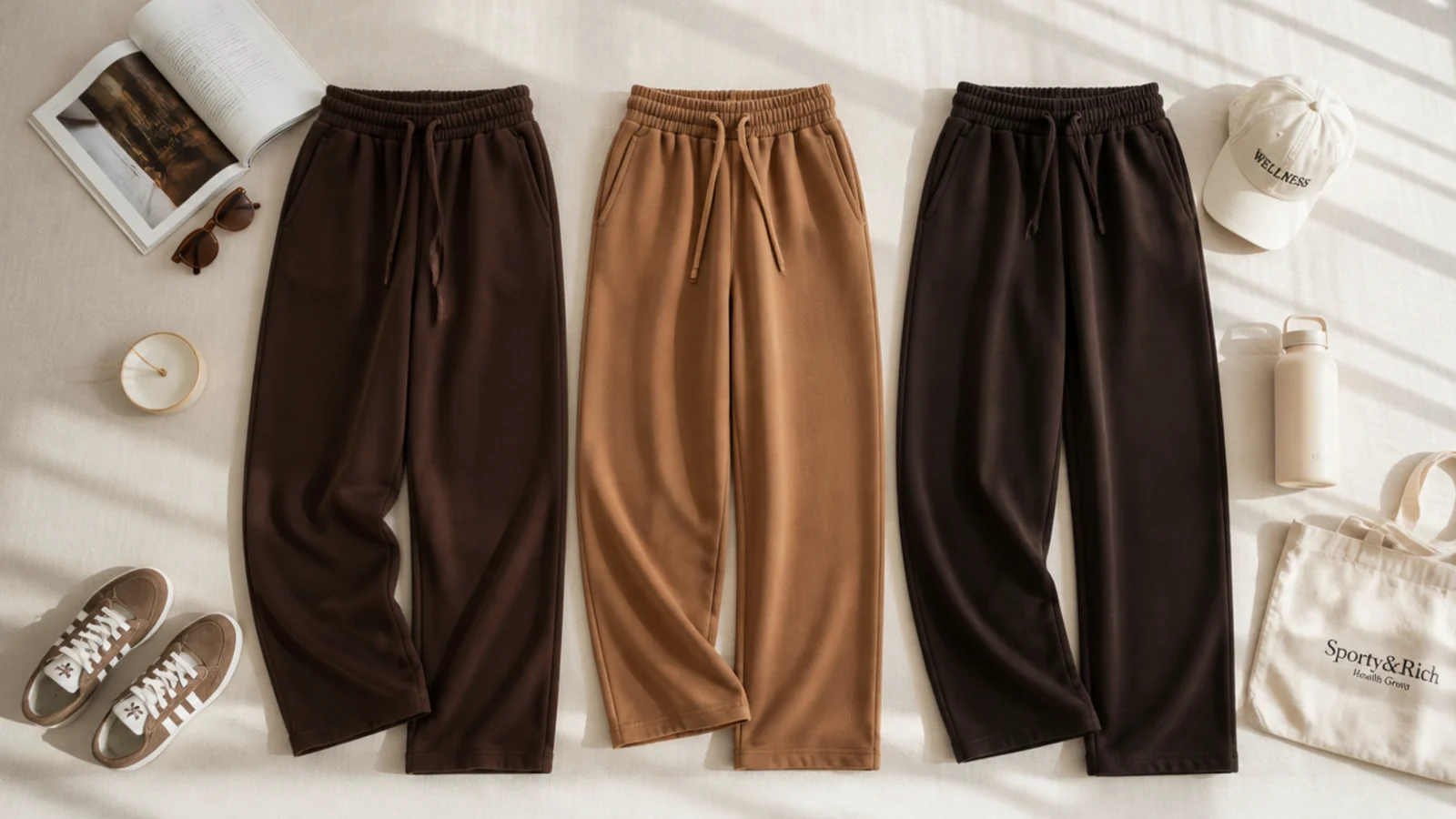 Faceless flat-lay comparing deep chocolate, warm camel and dark espresso brown sweatpants side by side