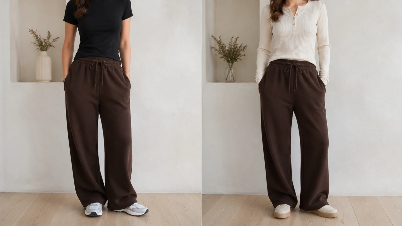 Faceless comparison of chocolate brown sweatpants with a black top beside the same pants with a cream top for contrast