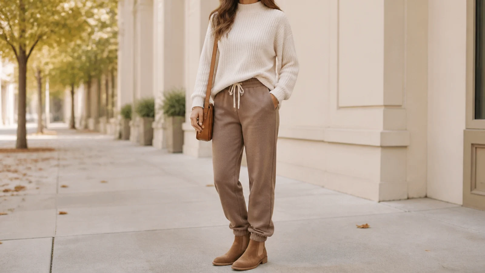 Faceless brown sweatpants outfit with camel joggers, a cream knit and tan Chelsea boots for fall