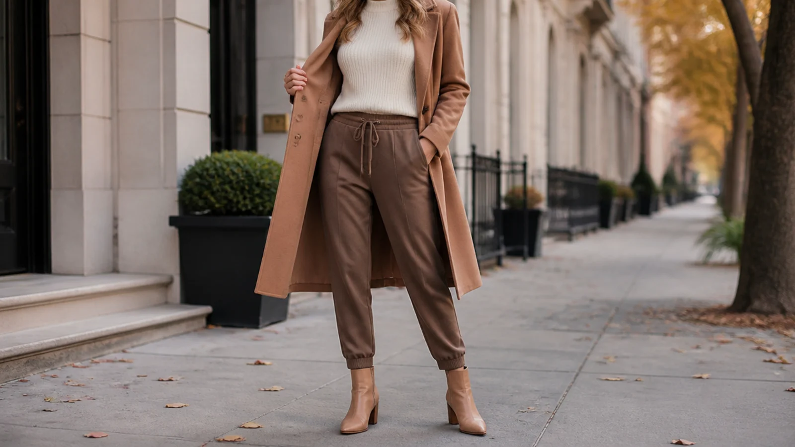 Faceless fall outfit showing a fitted tucked cream knit, a tapered ankle over tan boots and a camel coat styling brown sweatpants neatly