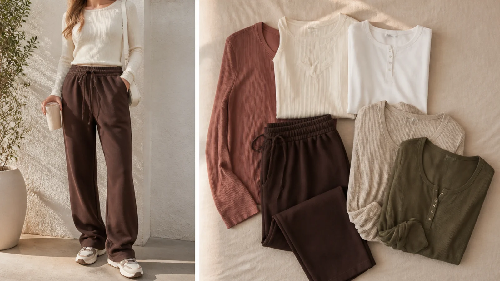 Faceless flat-lay of cream, rust, oatmeal, olive and white tops laid beside chocolate brown sweatpants