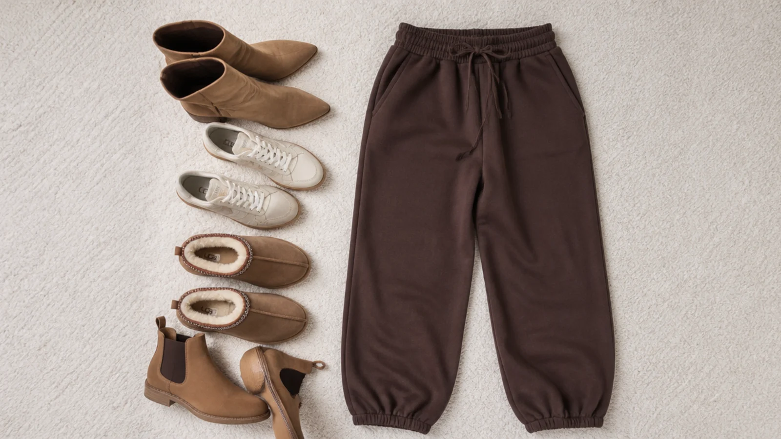 Faceless flat-lay of tan suede boots, cream sneakers, chestnut Uggs and tan Chelsea boots beside brown sweatpants
