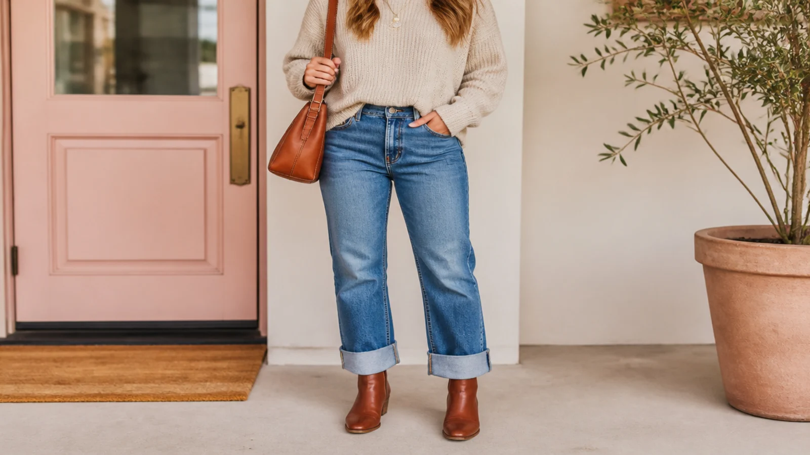 Faceless casual outfit with double-cuffed straight jeans and round-toe brown leather ankle boots