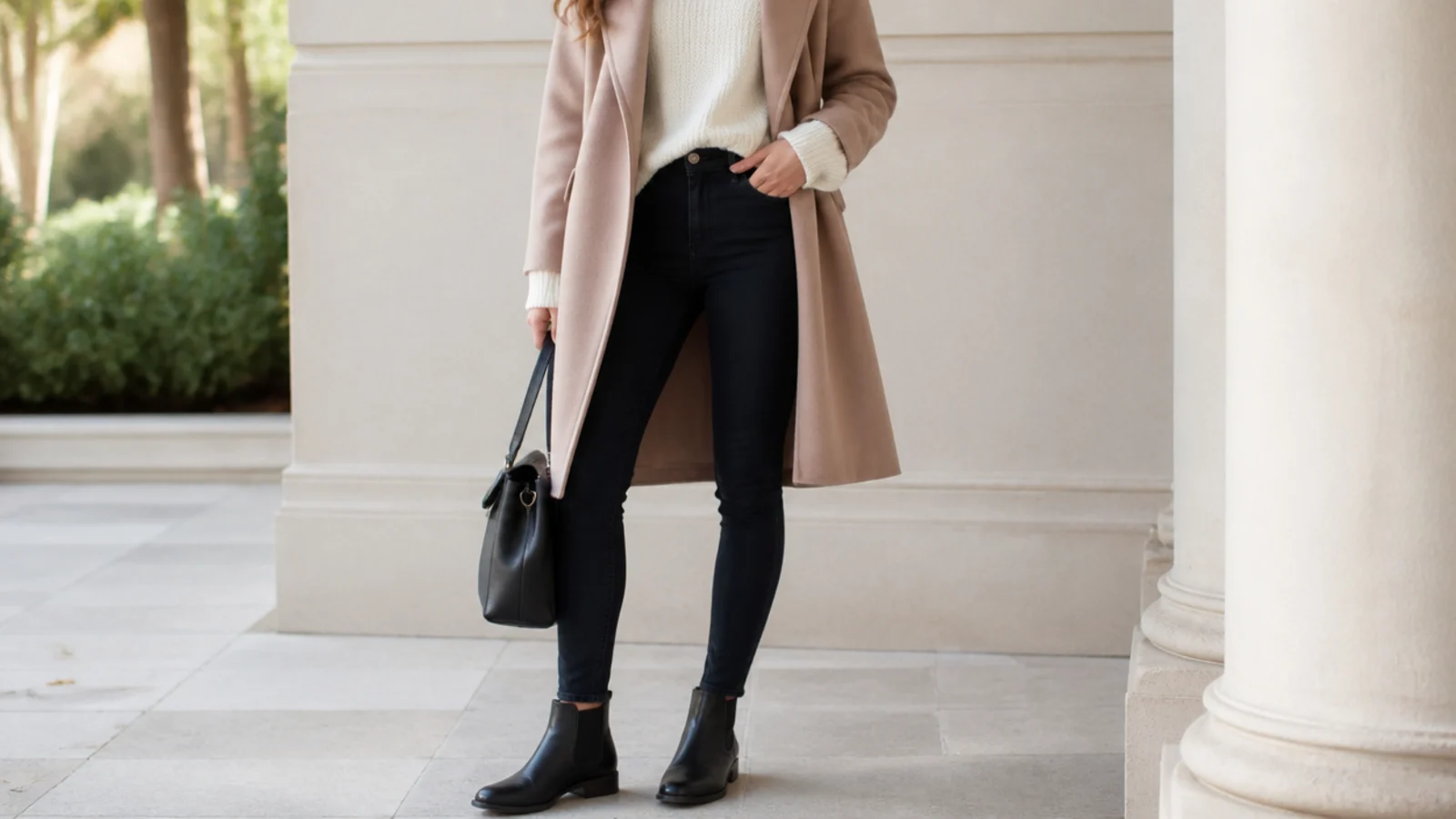 Faceless casual outfit with dark skinny jeans tucked into black leather Chelsea boots