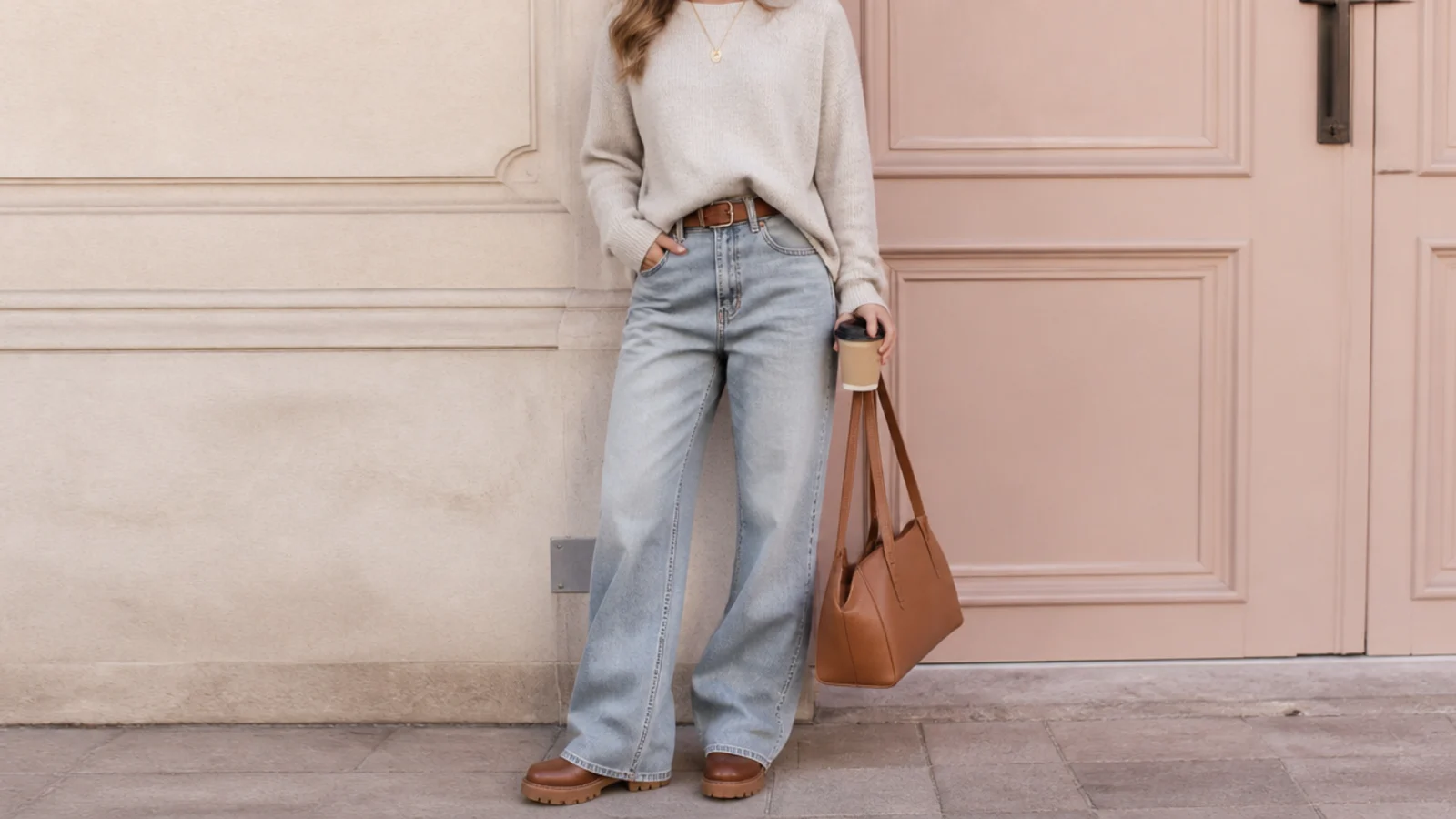 Faceless casual outfit with relaxed baggy jeans stacking over chunky lug-sole leather ankle boots