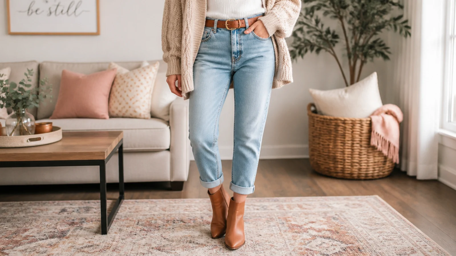 Faceless casual outfit with high-waisted mom jeans cuffed above tan almond-toe leather ankle boots