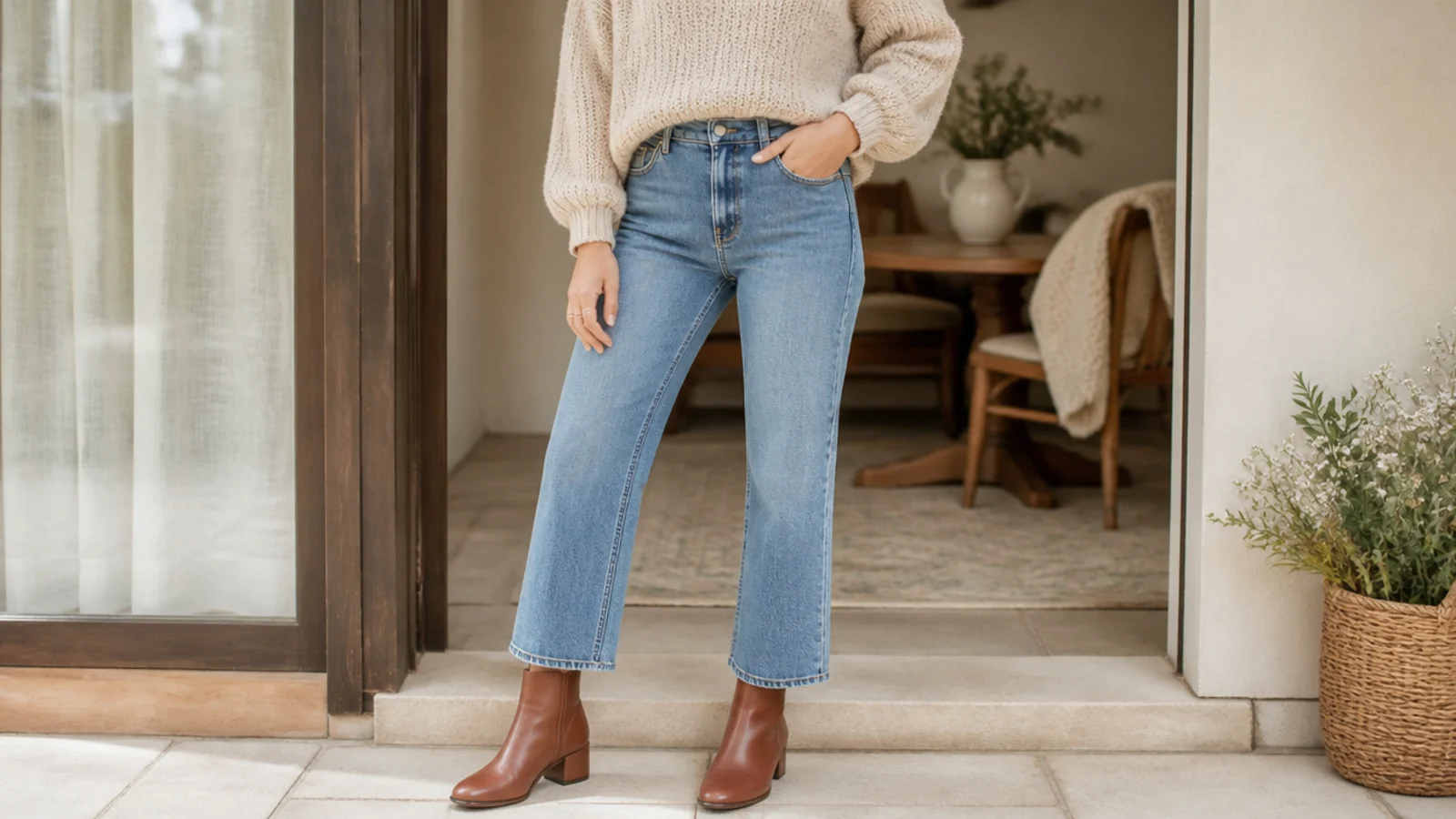 Faceless casual outfit with cropped straight-leg jeans ending above round-toe leather ankle boots