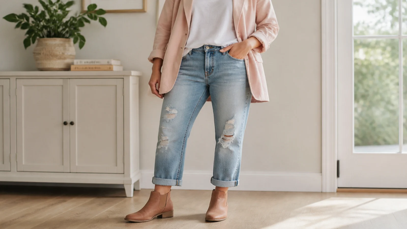 Faceless casual outfit with cuffed distressed boyfriend jeans and low round-toe leather ankle boots