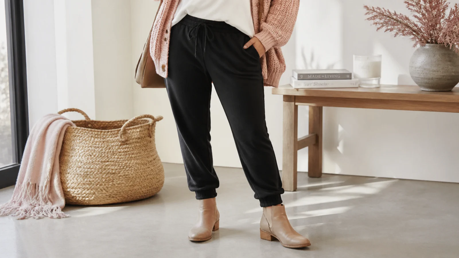 Faceless casual outfit with tapered black joggers cuffed at a low round-toe leather ankle boot