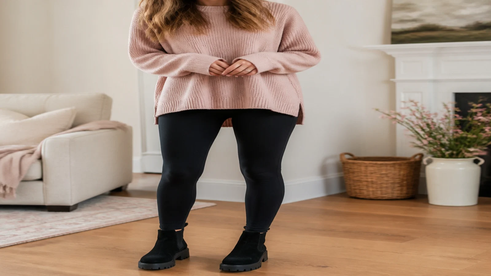 Faceless casual outfit with black leggings, an oversized sweater and chunky black suede ankle boots