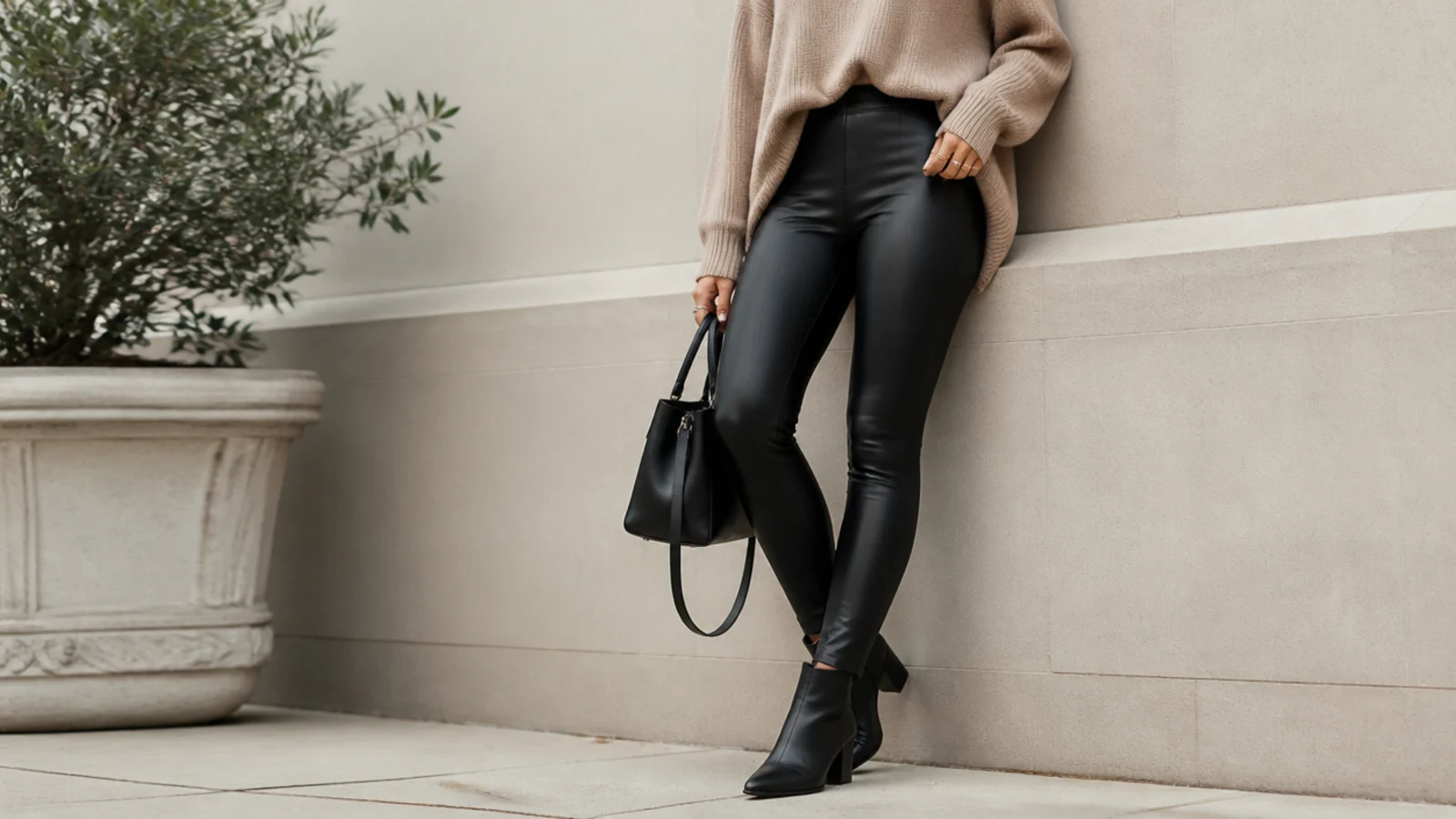 Faceless casual outfit with black faux-leather leggings and sleek black leather ankle boots