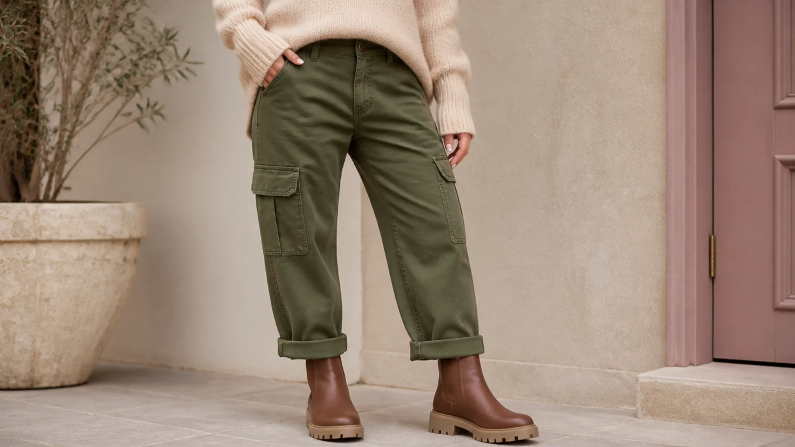 Faceless casual outfit with olive cargo pants cuffed over chunky lug-sole leather ankle boots