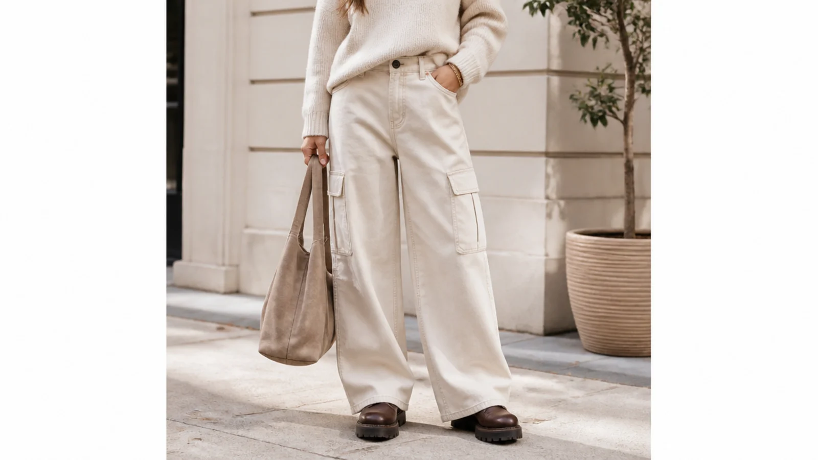 Faceless casual outfit with wide-leg cargo pants skimming the top of chunky leather ankle boots