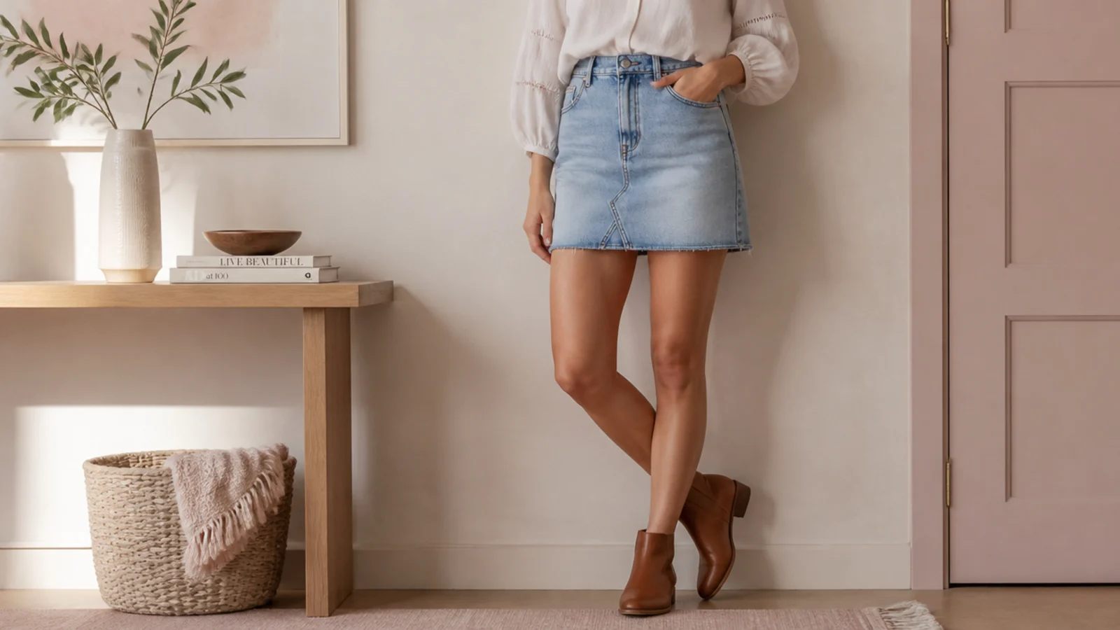 Faceless casual outfit with a denim mini skirt, bare legs and low round-toe leather ankle boots