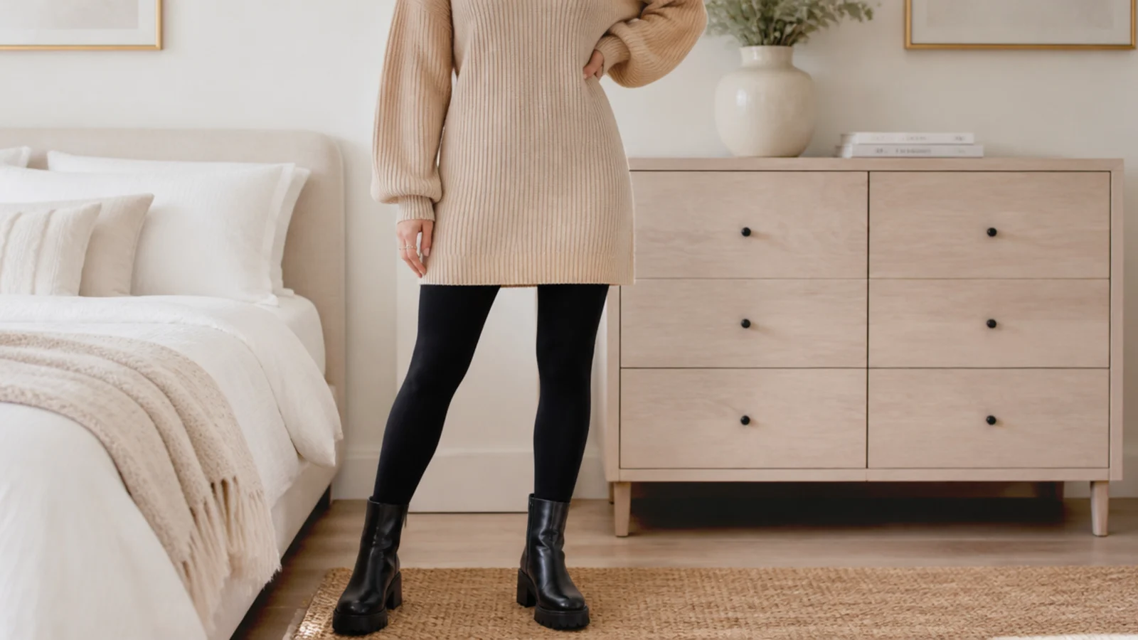 Faceless casual outfit with a ribbed sweater dress over black leggings and chunky ankle boots