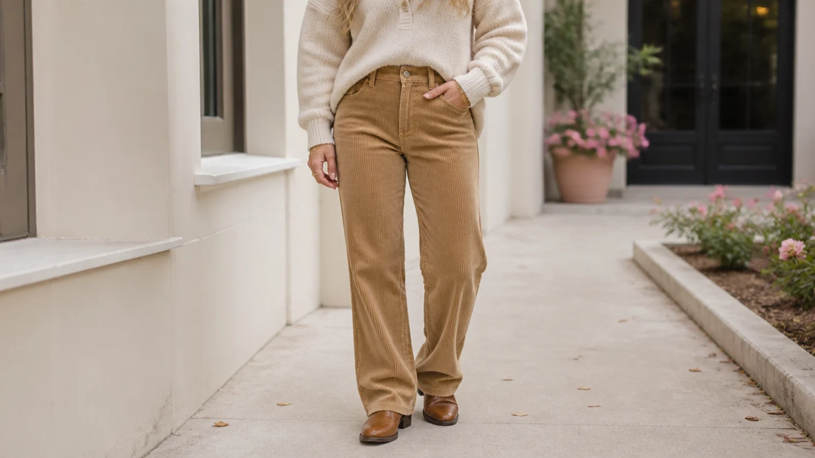 Faceless casual outfit with tan corduroy pants breaking over brown round-toe leather ankle boots