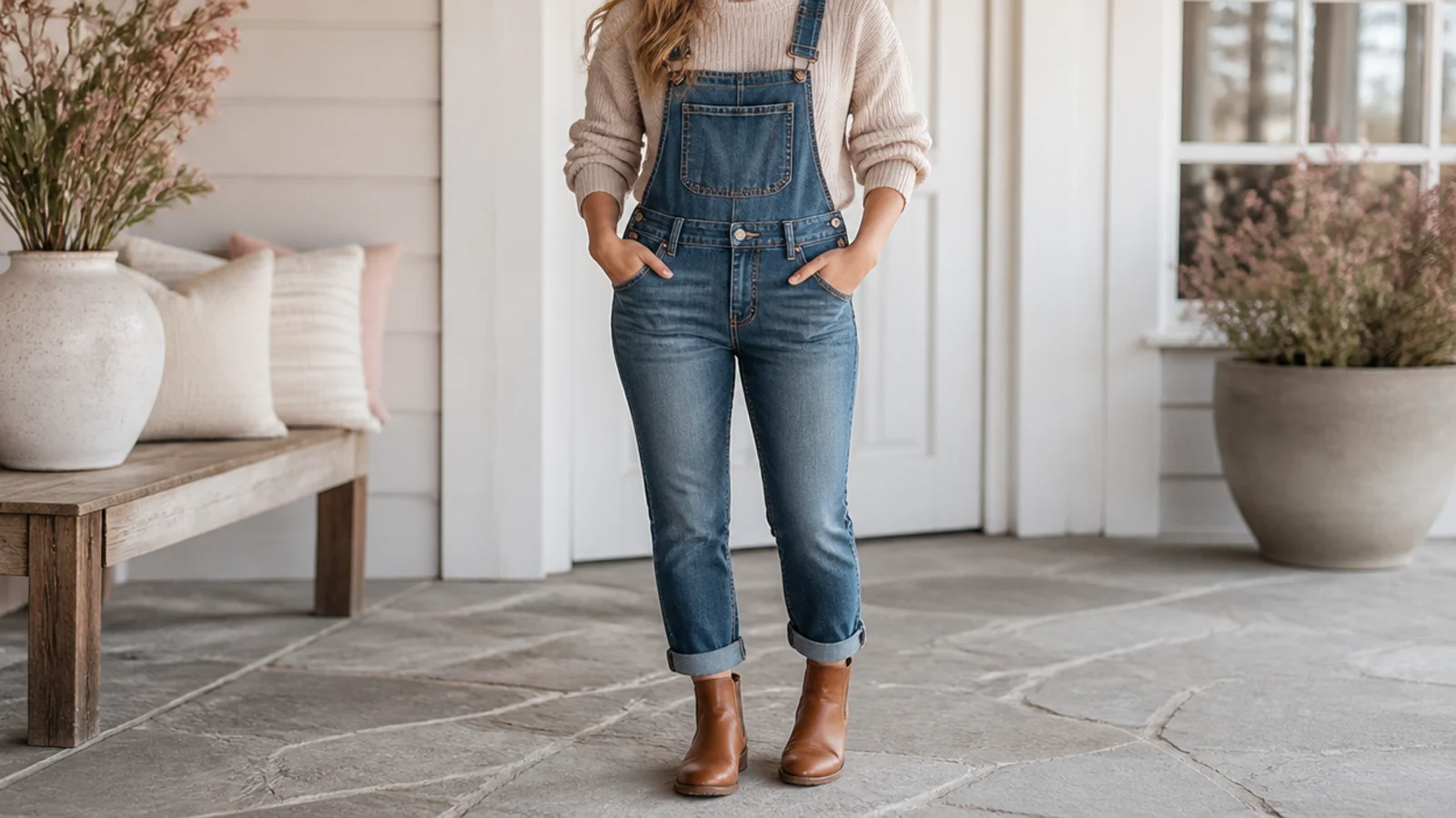 Faceless casual outfit with cuffed denim overalls and tan round-toe leather ankle boots