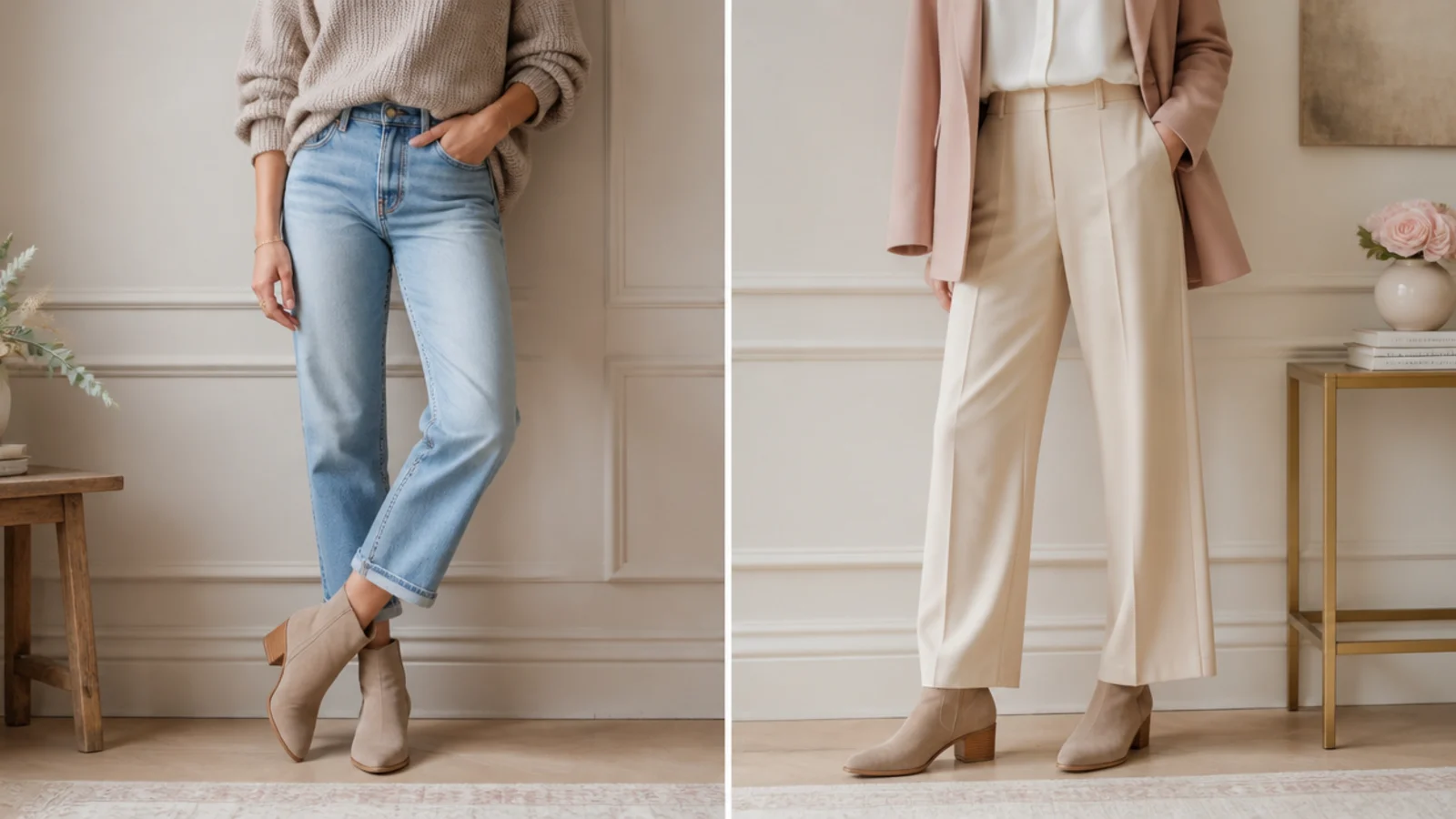 Faceless split styling of the same ankle boot worn casually with jeans and dressed up with trousers