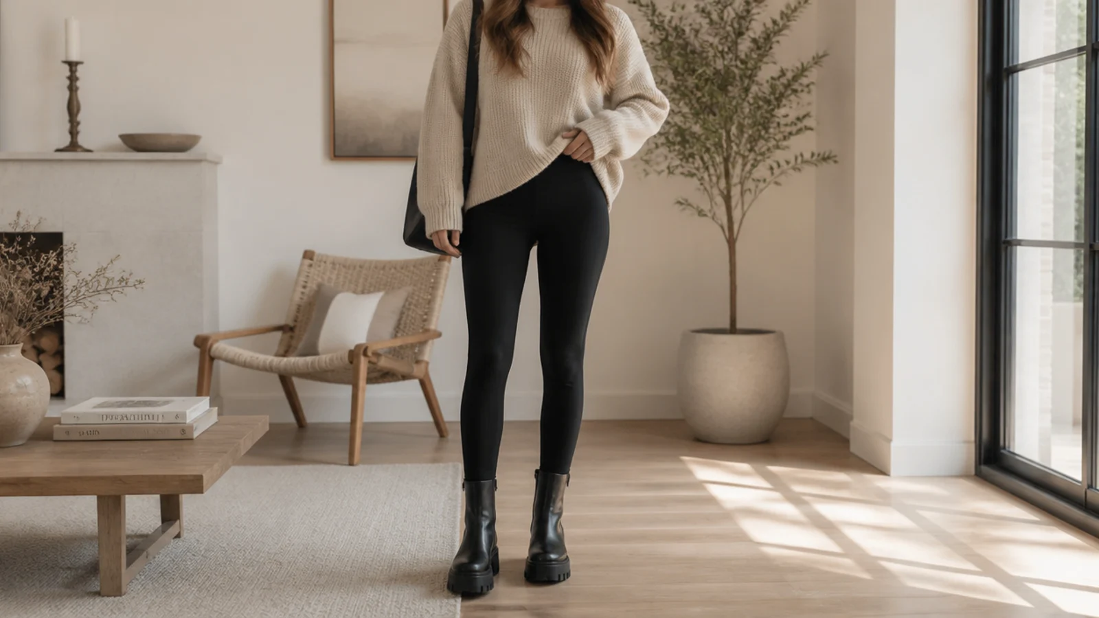 Faceless casual outfit with black leggings and chunky black ankle boots forming one long leg line
