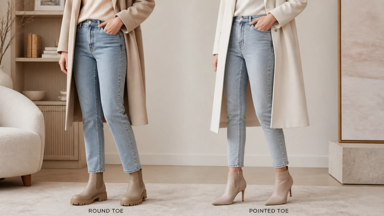 Faceless comparison of a round-toe lug-sole ankle boot beside a pointed stiletto bootie