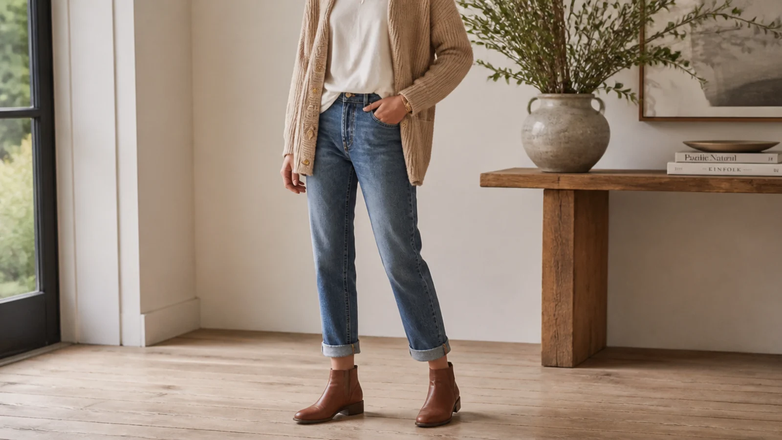 Faceless casual outfit with cuffed jeans and a low round-toe leather ankle boot for an everyday look