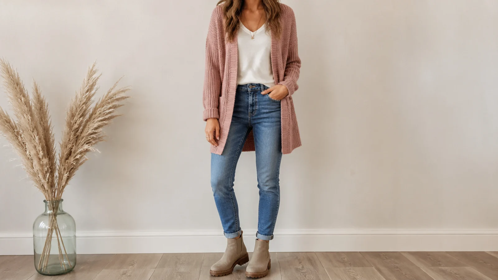 Faceless casual ankle boot outfit with cuffed jeans and a lug-sole leather bootie