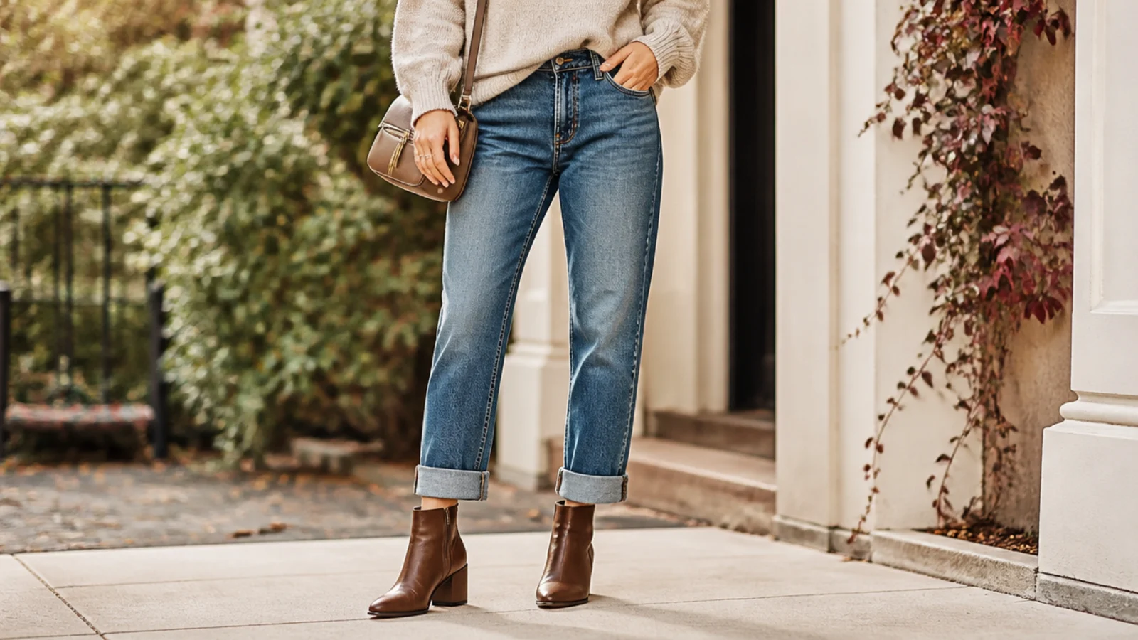 Faceless close-up of double-cuffed jeans landing just above the shaft of a leather ankle boot