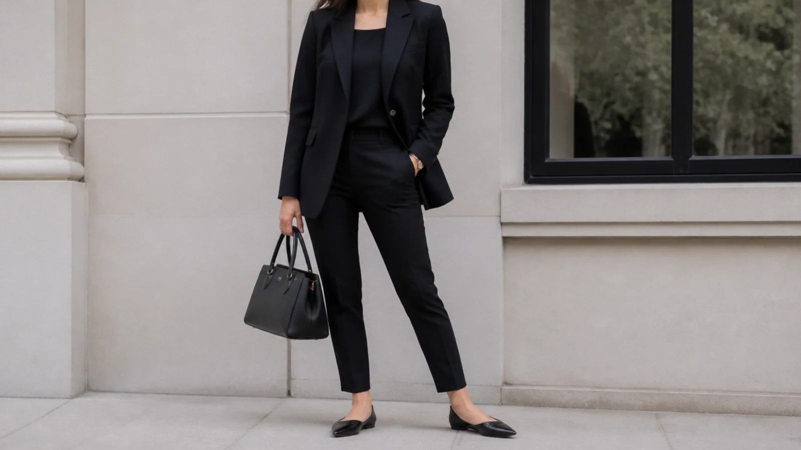 Faceless outfit with a structured black wool blazer over a black shell with slim black cigarette trousers and pointed flats
