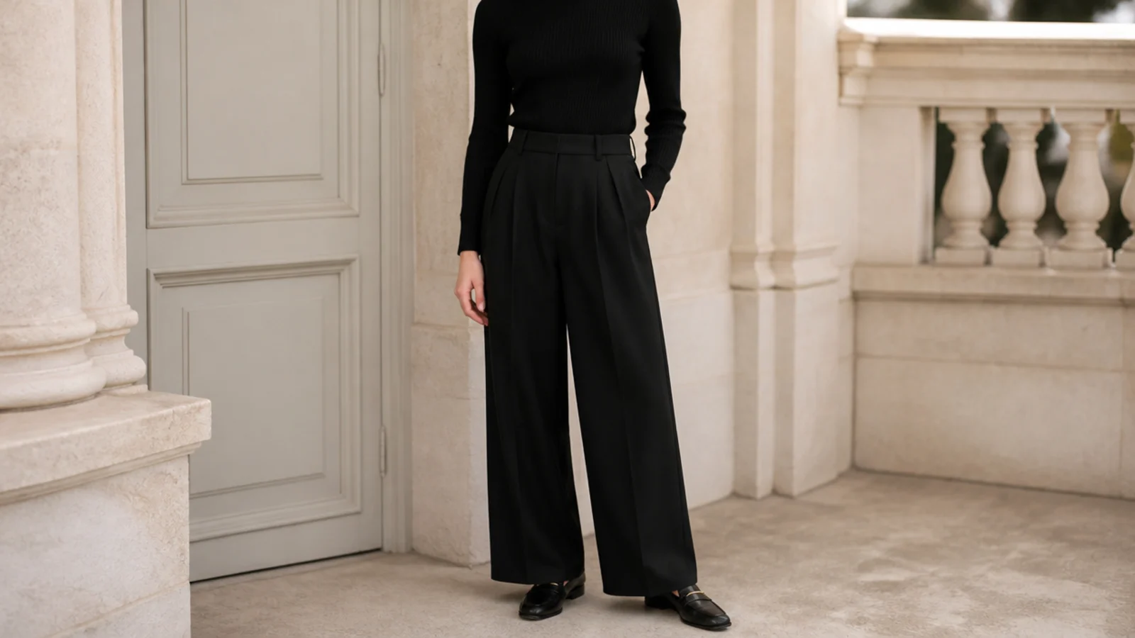 Faceless outfit with a fitted black fine-knit turtleneck tucked into black wide-leg tailored trousers with black loafers