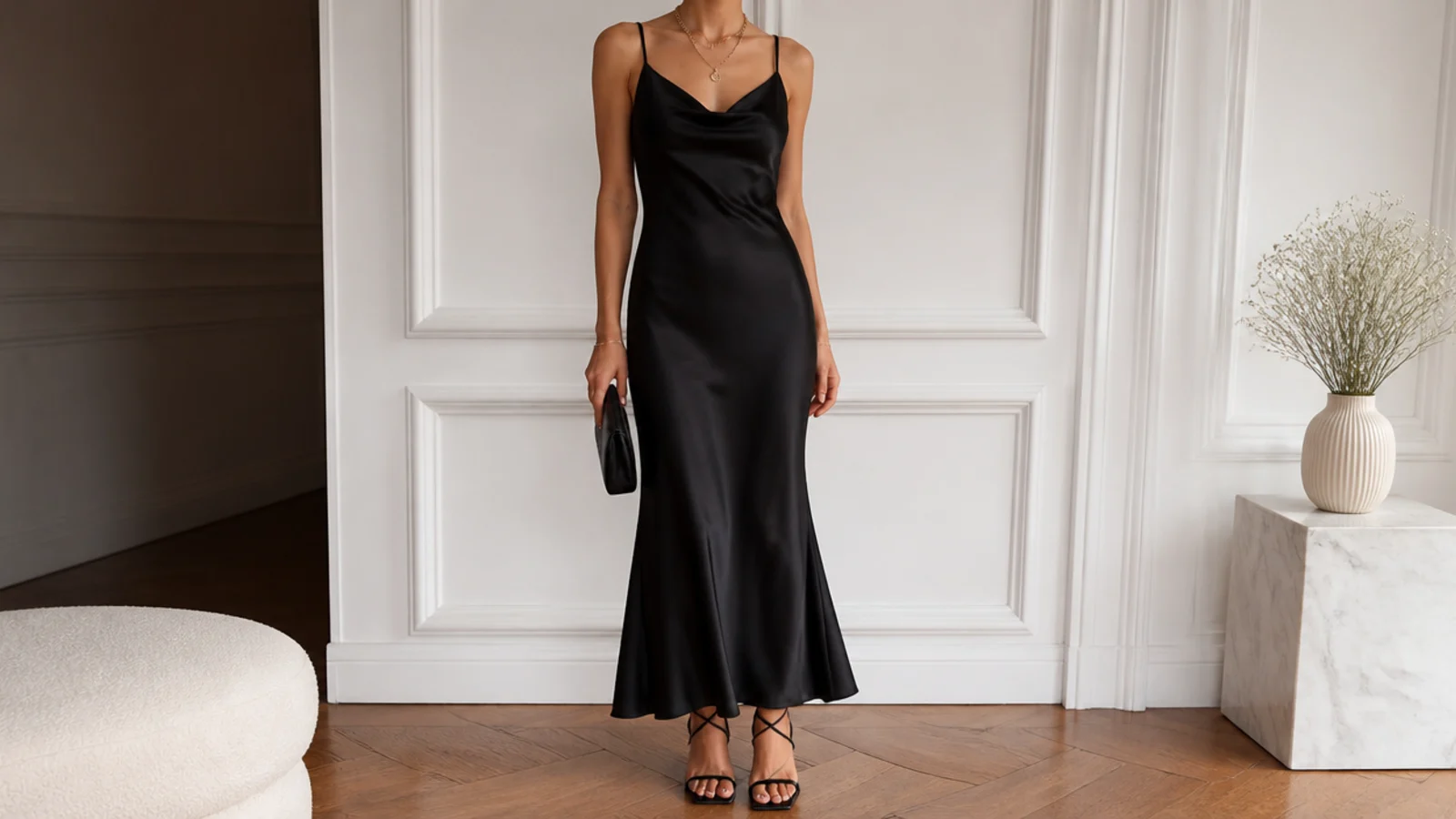 Faceless evening outfit with a bias-cut black satin slip dress and strappy black heels with layered gold necklaces