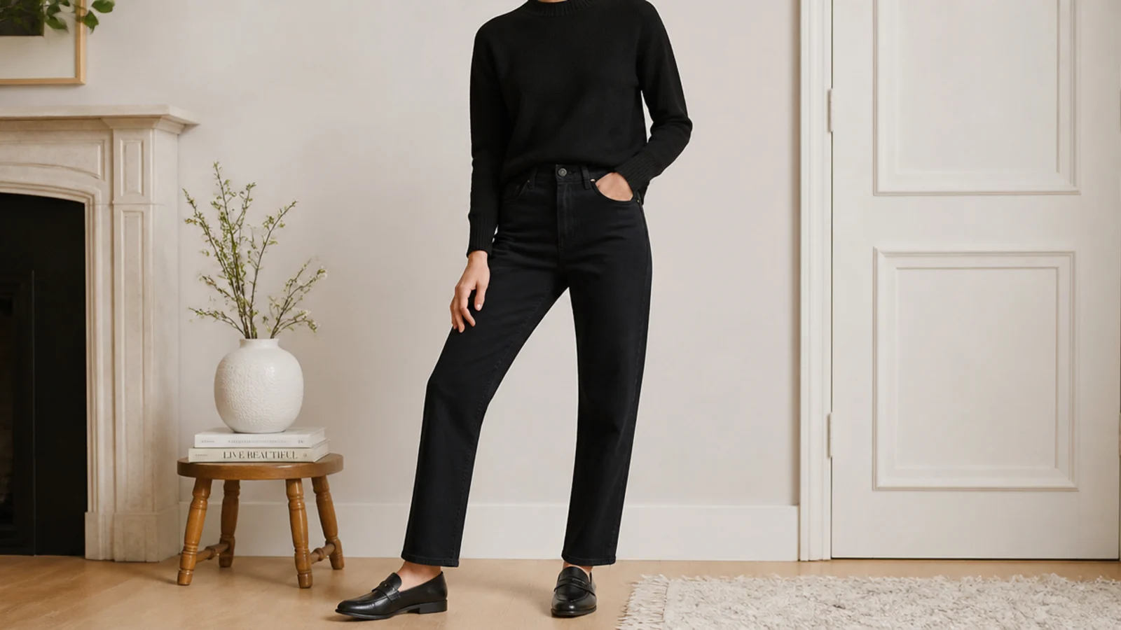 Faceless casual outfit with a black cashmere crewneck tucked into black straight-leg jeans with black leather loafers