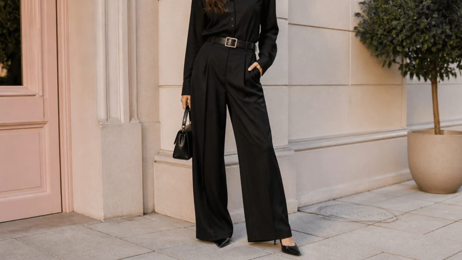 Faceless outfit with a black tailored wide-leg jumpsuit cinched with a black leather belt and pointed heels