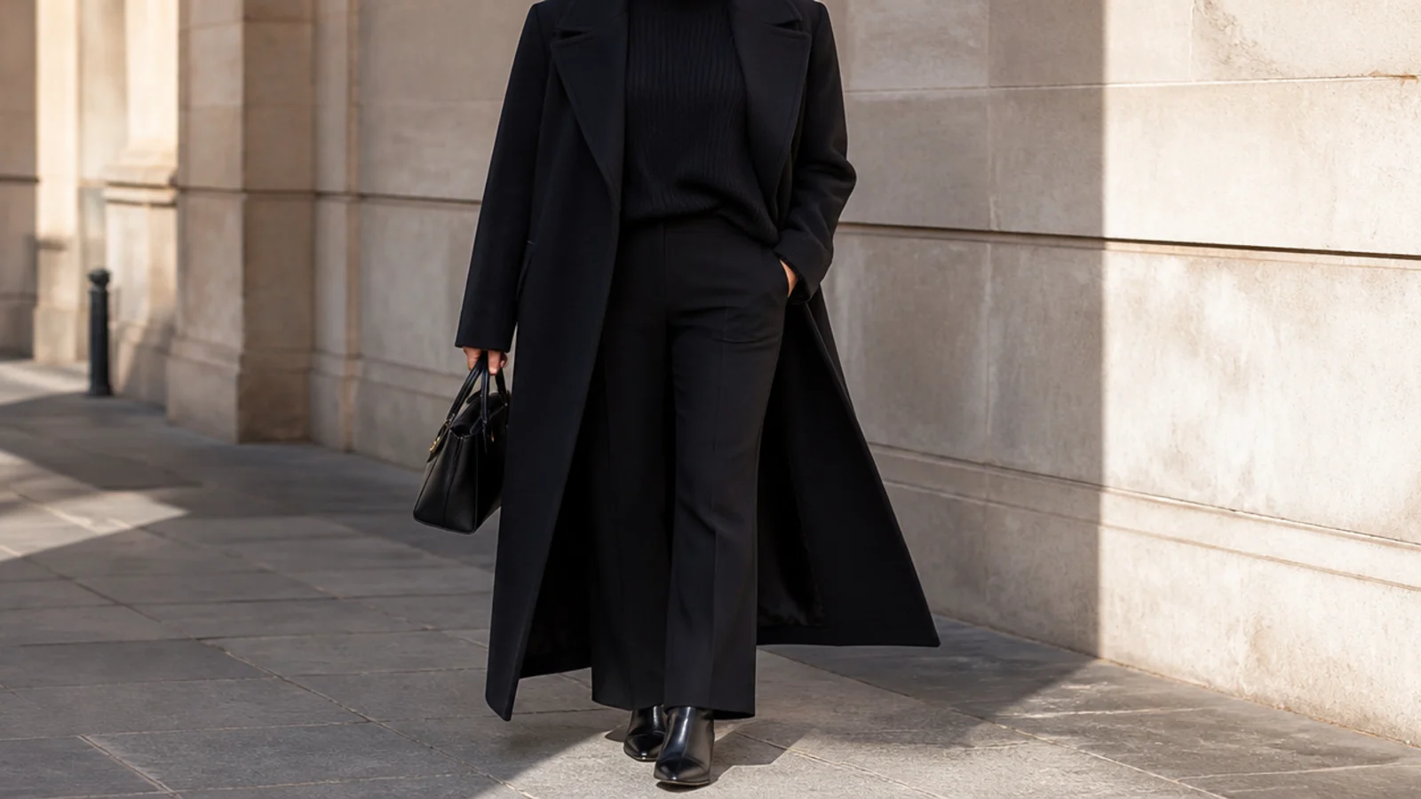 Faceless outfit with a long black wool coat open over a black knit and black tailored trousers with black ankle boots