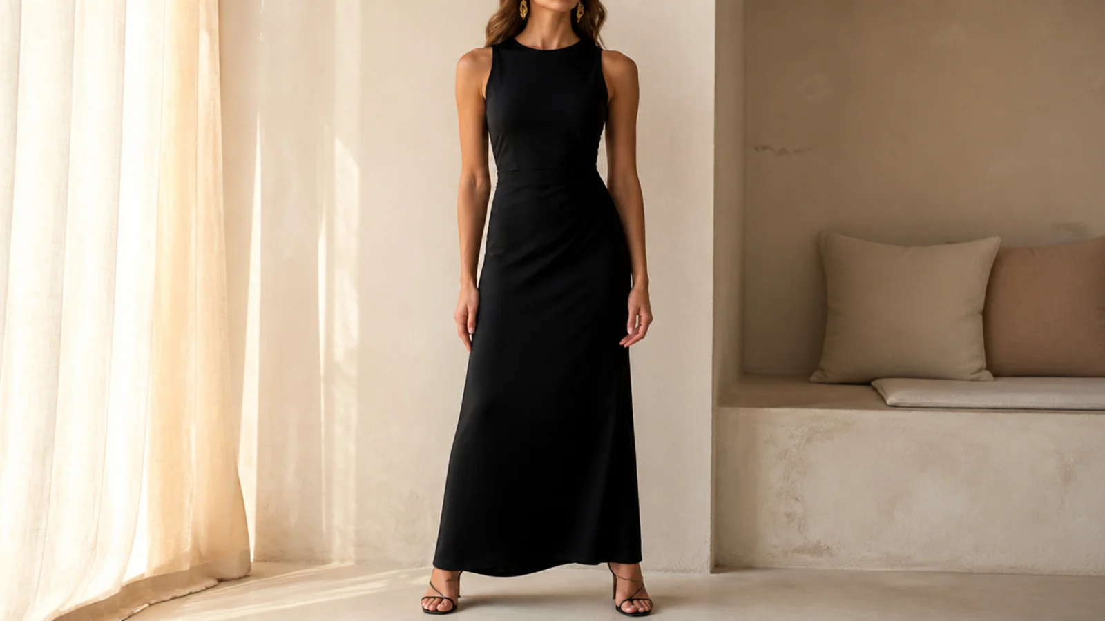 Faceless formal outfit with a sleeveless black column maxi dress and gold statement earrings with strappy heels