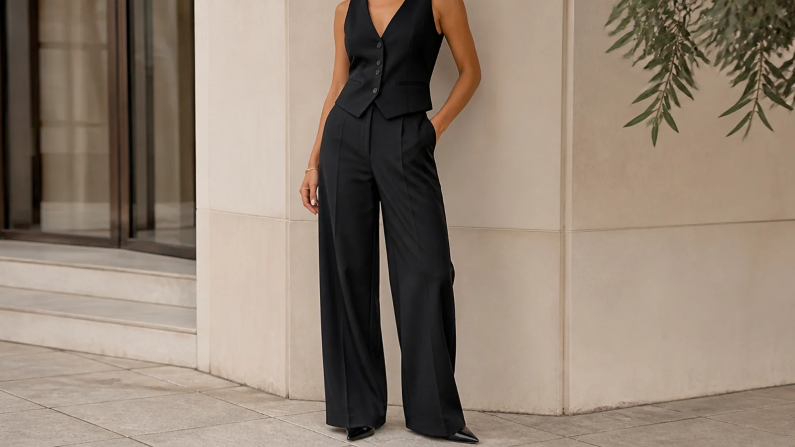 Faceless outfit with a fitted black tailored waistcoat worn as a top with black wide-leg suit trousers and pointed heels