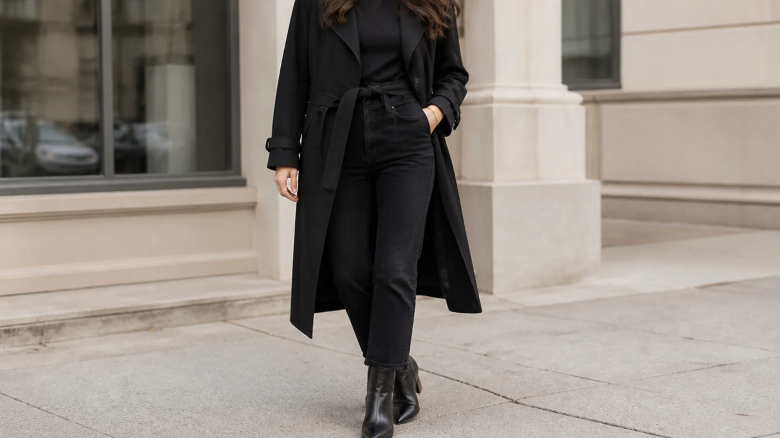 Faceless casual outfit with a belted black trench coat over a black tee with black straight jeans and black ankle boots