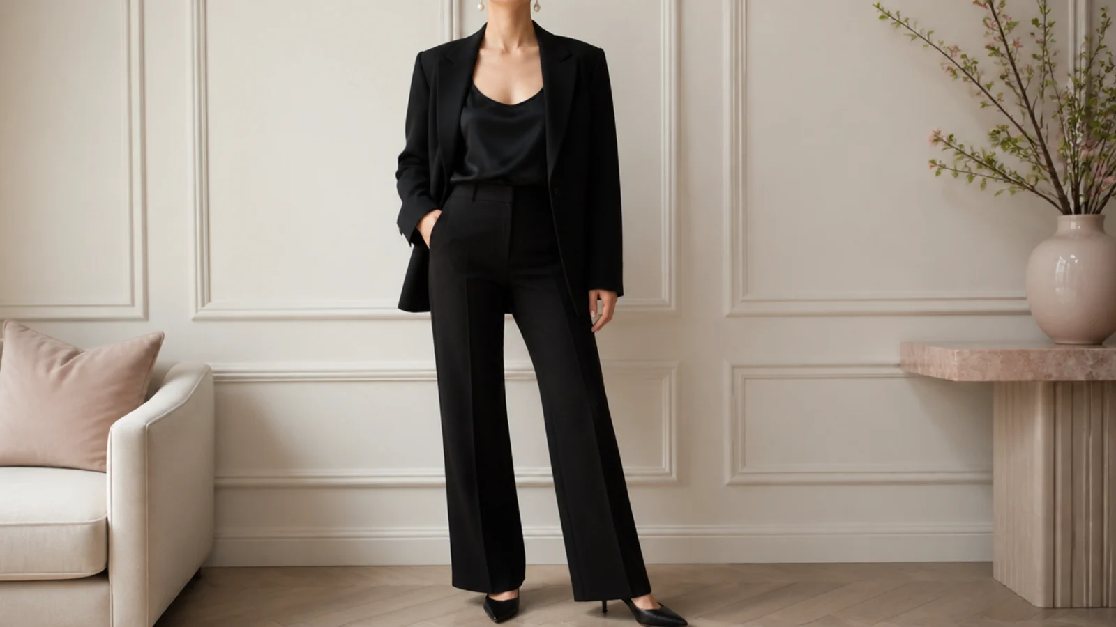 Faceless outfit with a black wool blazer over a black silk top and black tailored trousers finished with pearl earrings