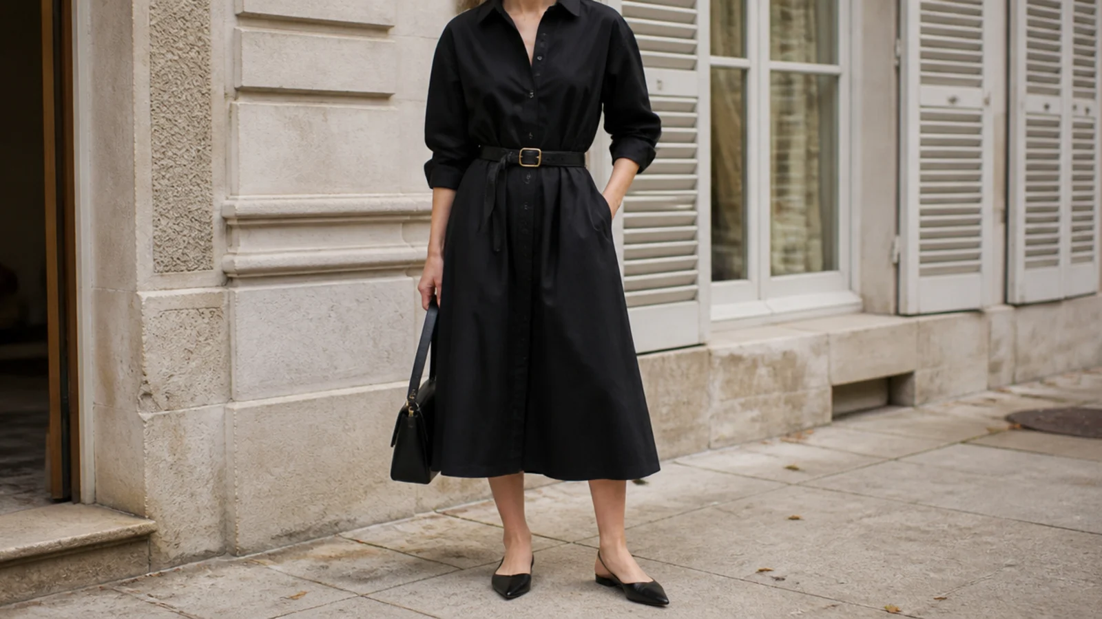 Faceless daytime outfit with a crisp black cotton shirt dress cinched with a black leather belt and pointed flats