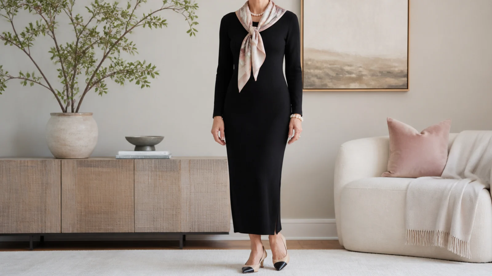 Faceless outfit with a black knit dress, a soft silk scarf near the neckline and pearl jewelry for an over-50 look