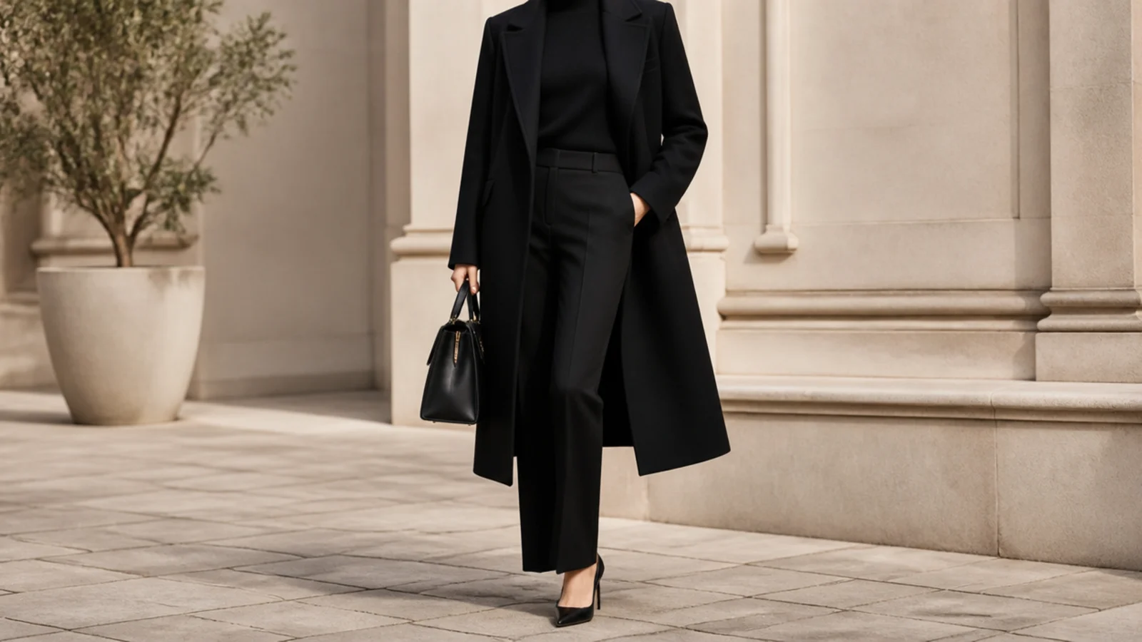 Faceless editorial shot of a classy all-black outfit with a matte wool coat over a black cashmere knit and tailored crepe trousers