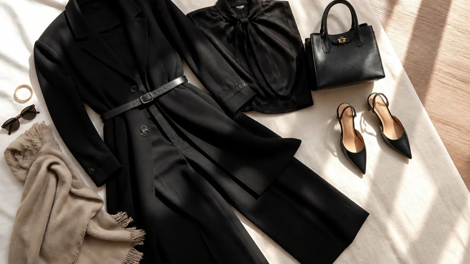 Faceless flat-lay of matte black crepe, wool, silk and grained leather showing expensive black fabrics