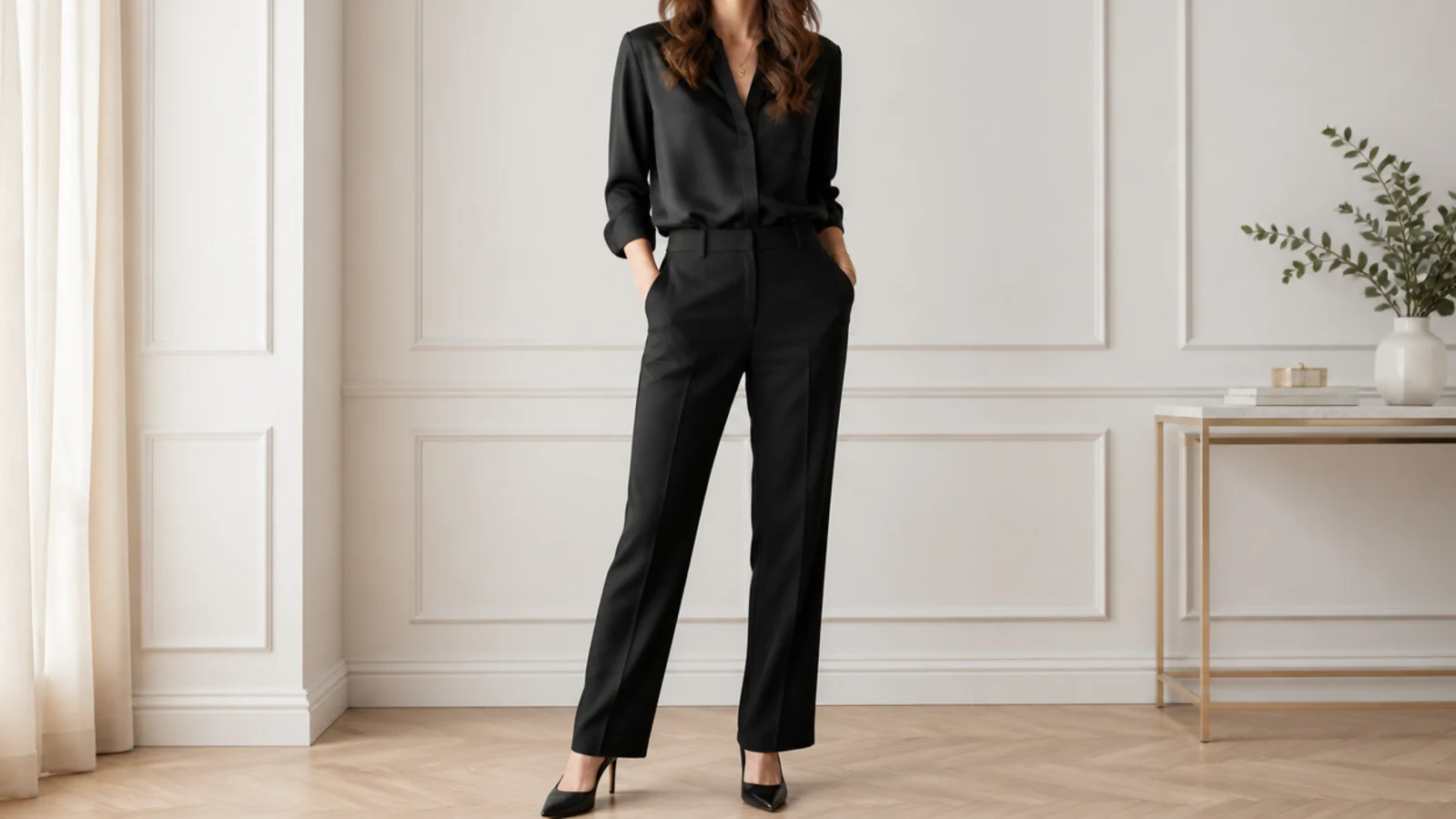 Faceless classy all-black outfit with a black silk blouse tucked into tailored crepe trousers and pointed pumps