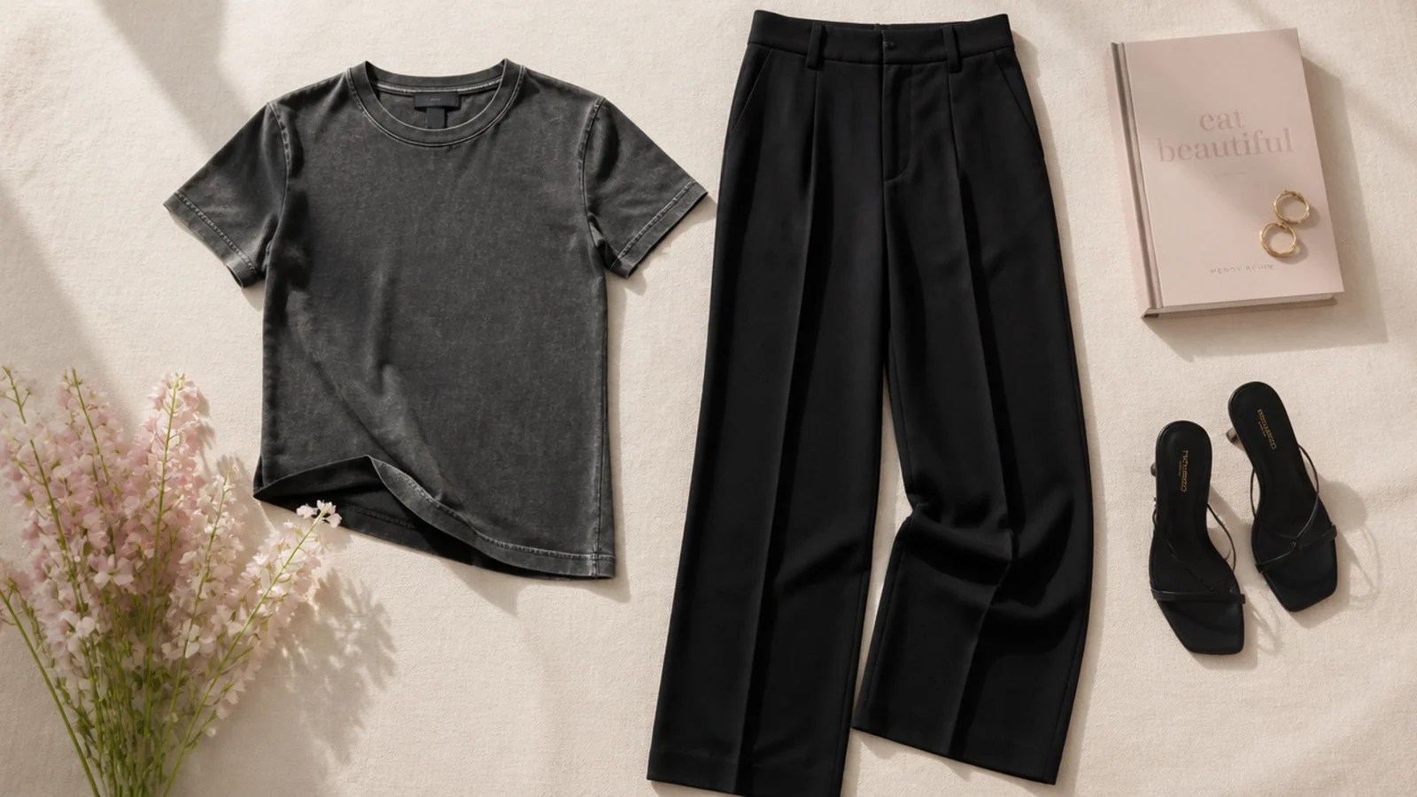 Faceless flat-lay comparing a faded gray-black cotton tee beside a deep jet-black crepe trouser