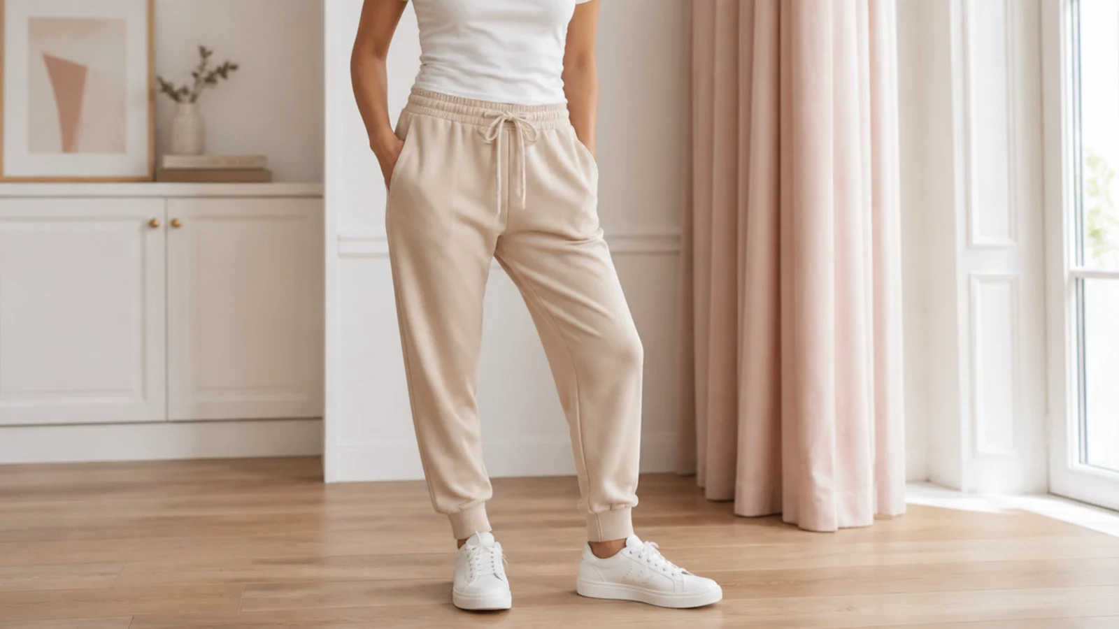Faceless outfit with midweight french terry tapered joggers, a fitted white tee and white sneakers