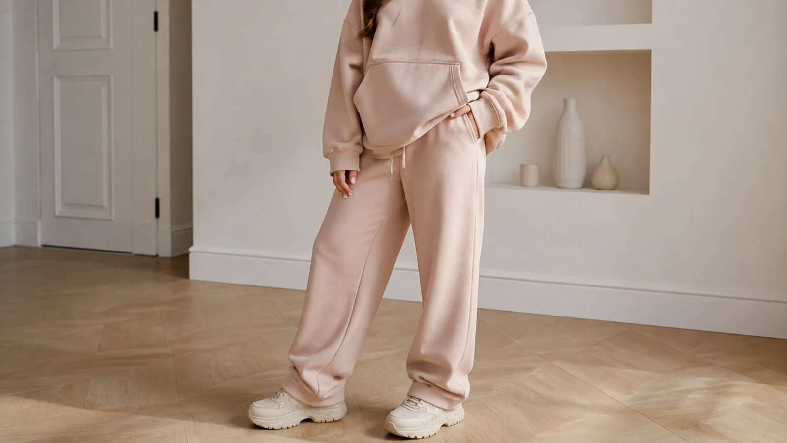 Faceless outfit with brushed heavyweight fleece sweatpants, an oversized hoodie and chunky sneakers