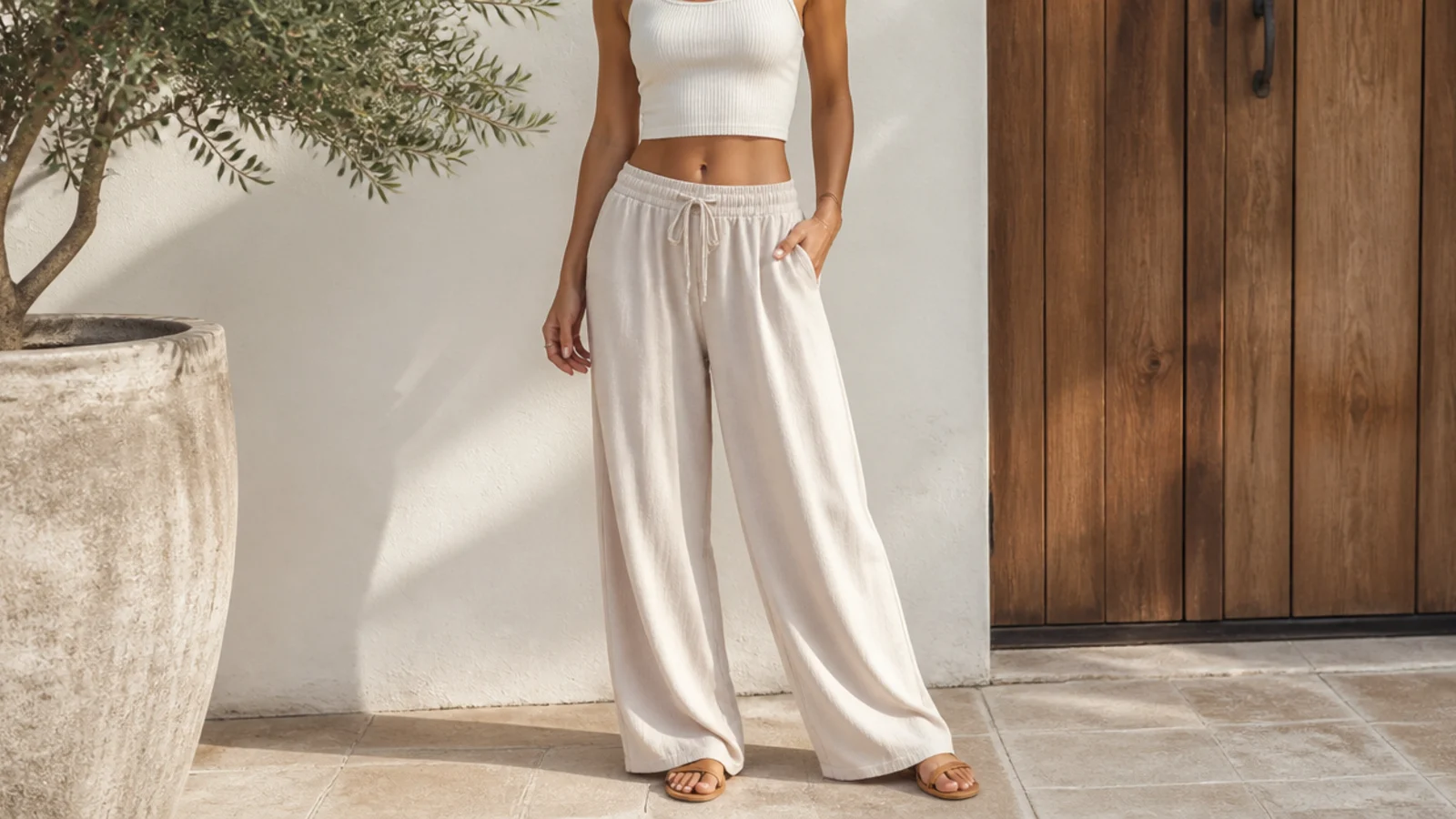 Faceless outfit with lightweight cotton-jersey sweatpants, a fitted crop tank and flat sandals