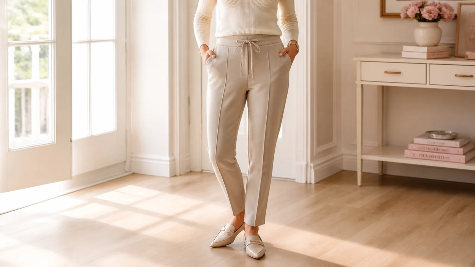 Faceless outfit with structured ponte-knit tapered sweatpants, a fitted knit and pointed loafers