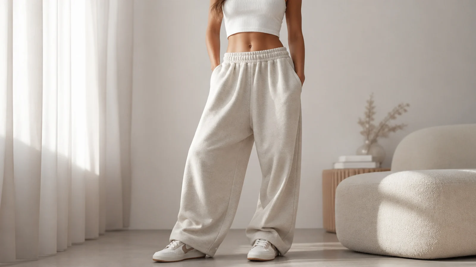 Faceless outfit with oversized baggy sweatpants, a fitted cropped tank and low-top sneakers