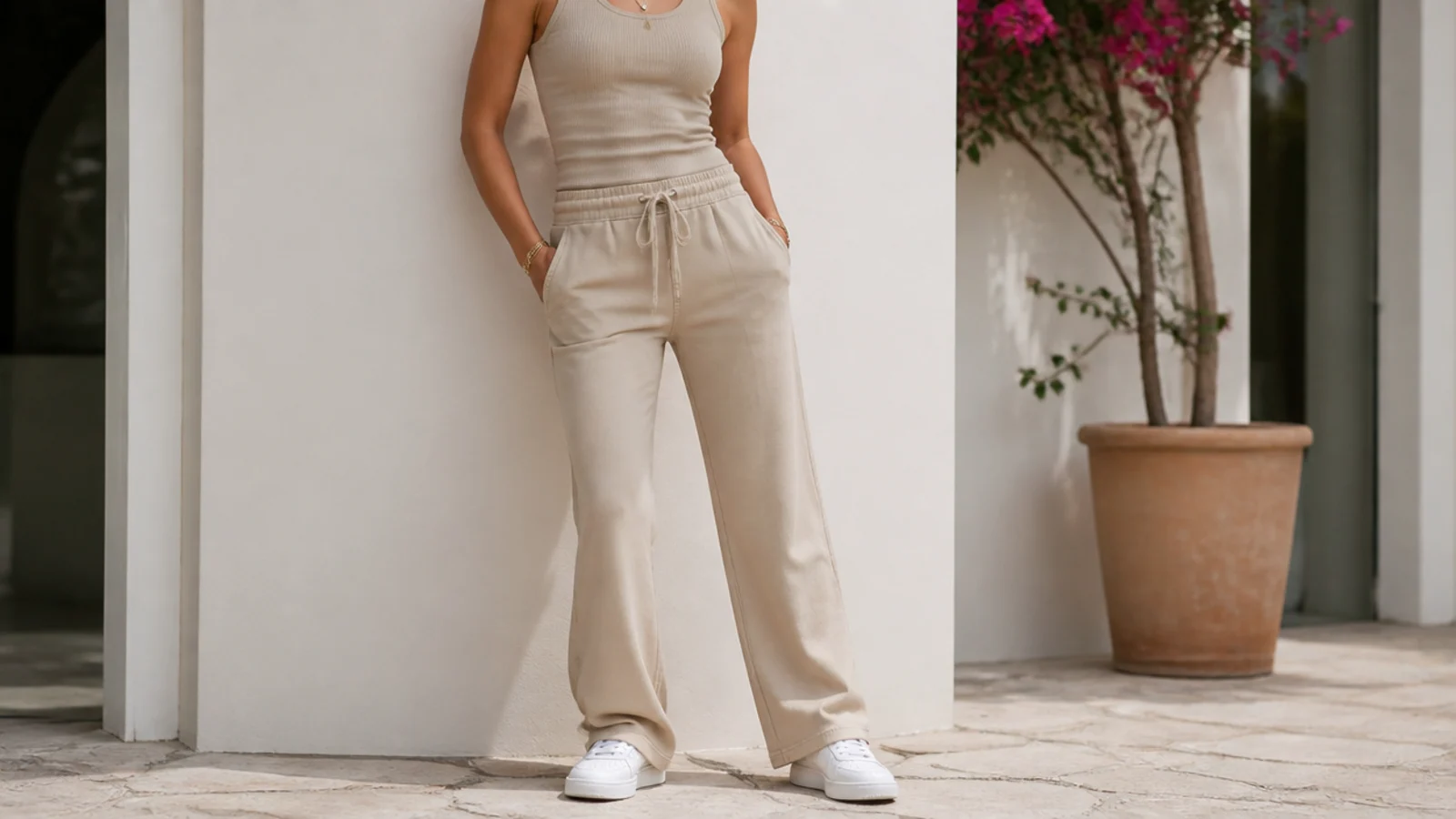 Faceless outfit with straight-leg open-hem sweatpants, a fitted ribbed top and white sneakers